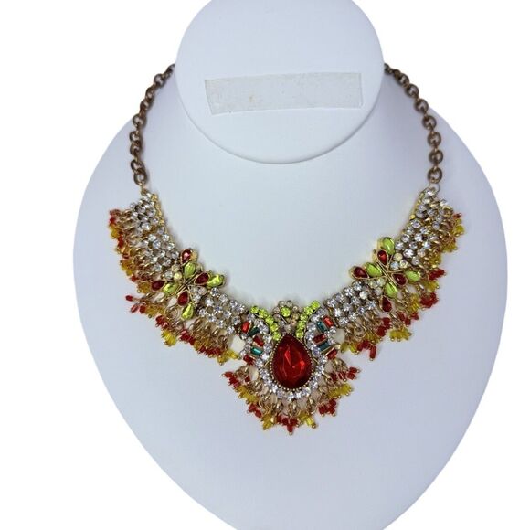Indian Statement Crystal Necklace & Earrings Set Red Green Gold-Tone Bridal - Picture 5 of 16